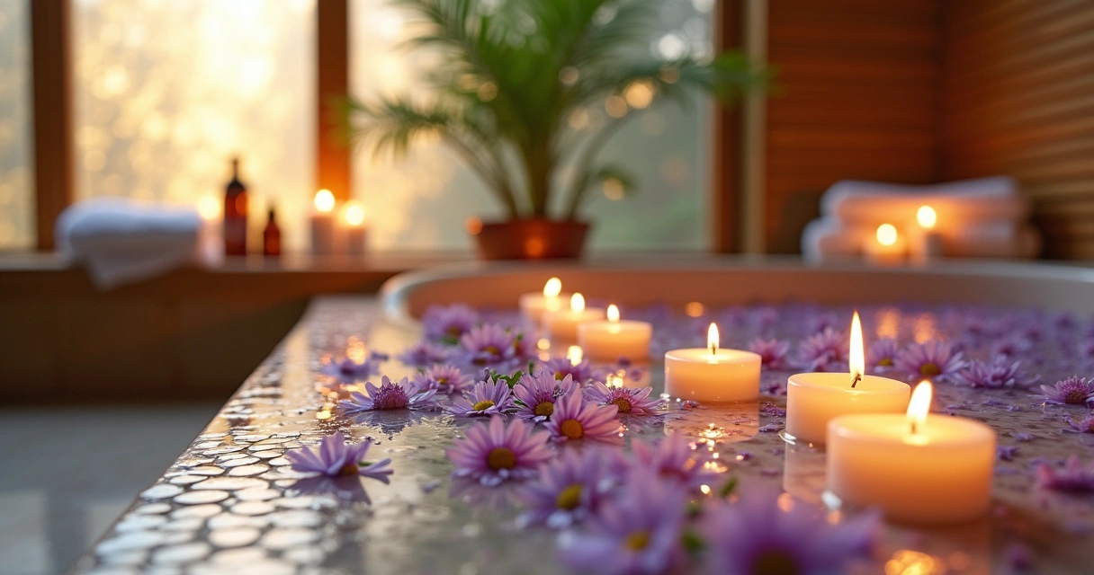 Banheiro sereno com banheira cheia de água lavanda e velas ao redor, decorado com plantas e flores.