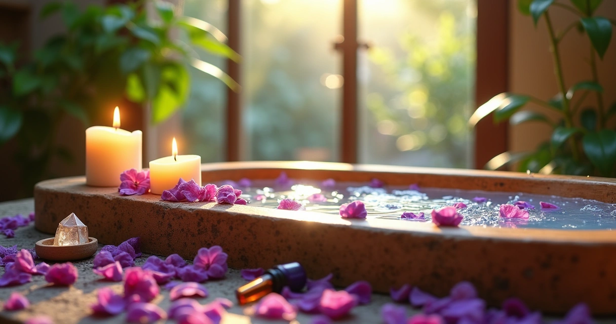 Banho relaxante com florais coloridos e cristais dispostos ao redor da banheira. Luz suave no ambiente.