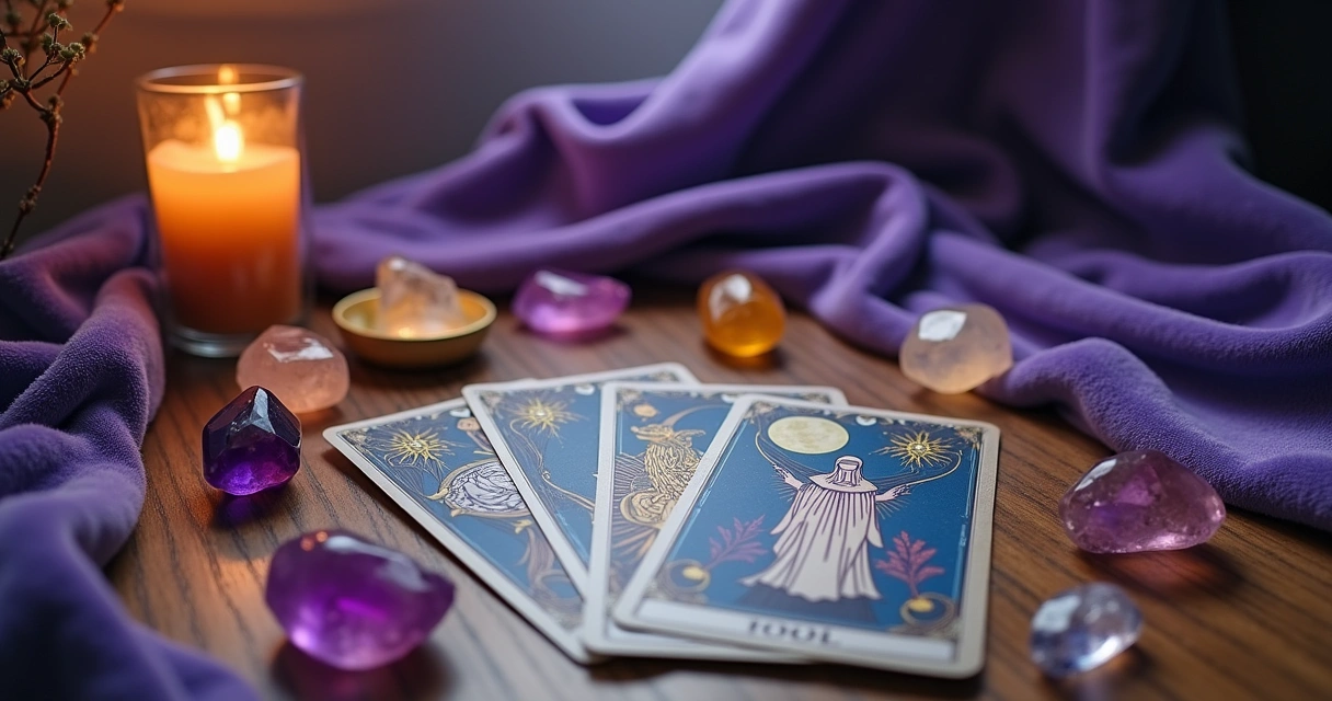 Tarot card spread on a wooden table with crystals and a glowing candle, creating a mystical atmosphere.