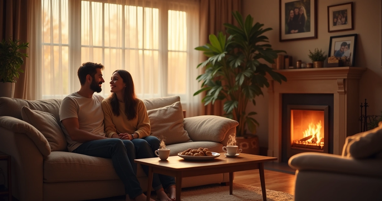 Casal sorridente em sala de estar aconchegante, com chá e biscoitos à mesa e luz amarelada.