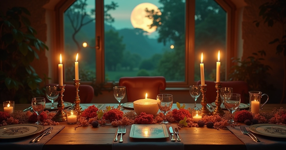 Mesa de madeira com cartas de tarot, velas e xícara de chá, envolvida em uma atmosfera mística e acolhedora.