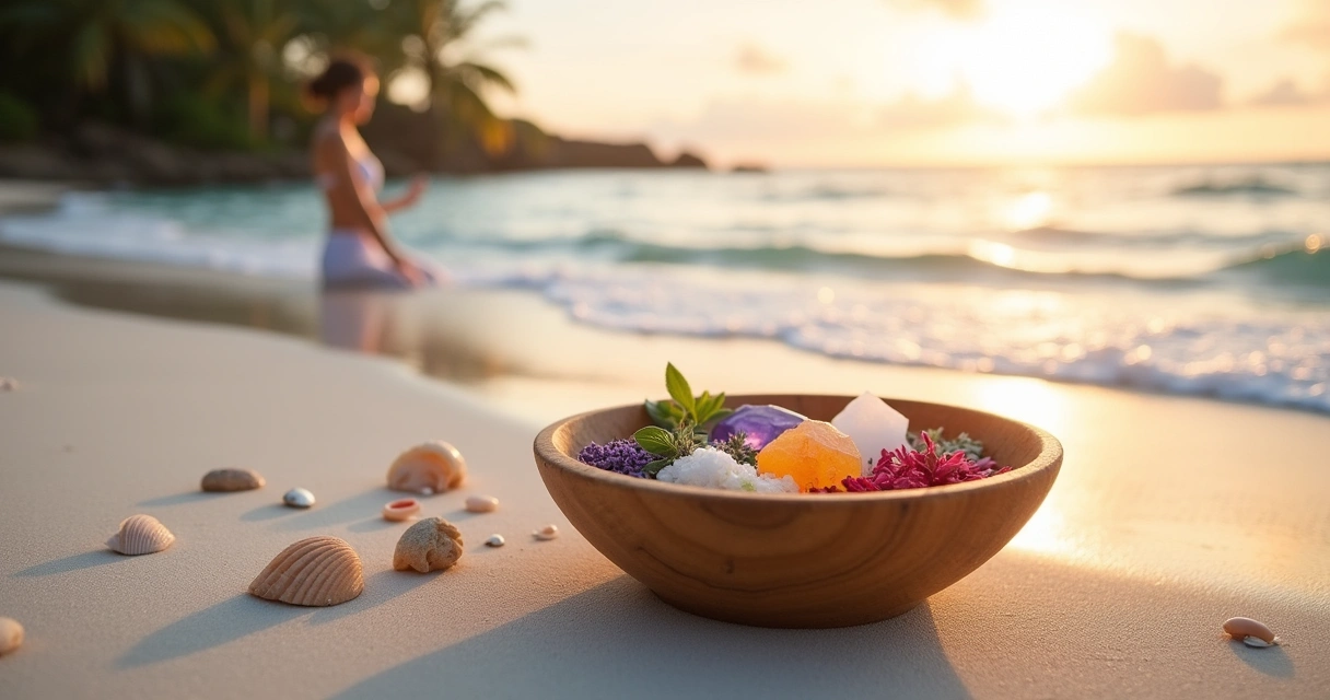 Praia tranquila ao amanhecer com cristais e ervas para banhos energéticos na areia.