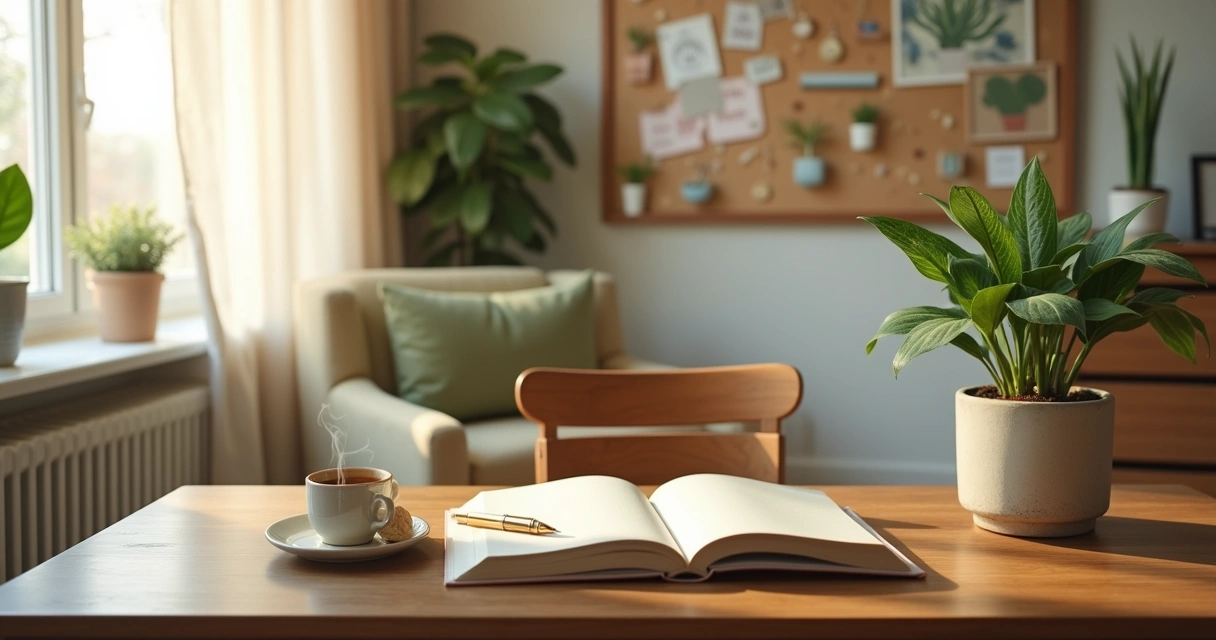 Escritório caseiro com mesa de madeira, planta verde, xícara de chá e quadro motivacional.