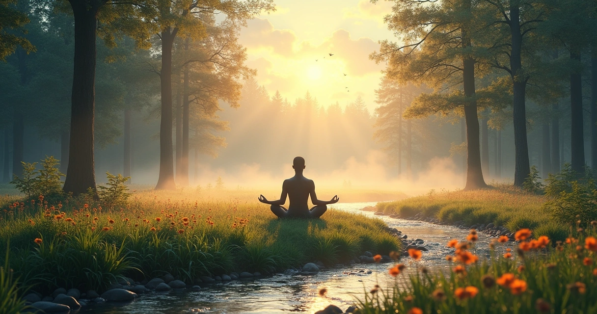 Espaço de meditação sereno em uma clareira na floresta ao amanhecer com um meditador e flores coloridas.