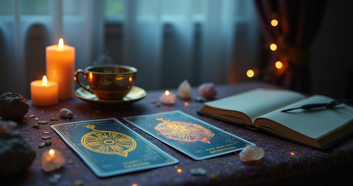Leitura de tarô em um ambiente sereno, com cartas, cristais e chá em uma mesa iluminada por velas.