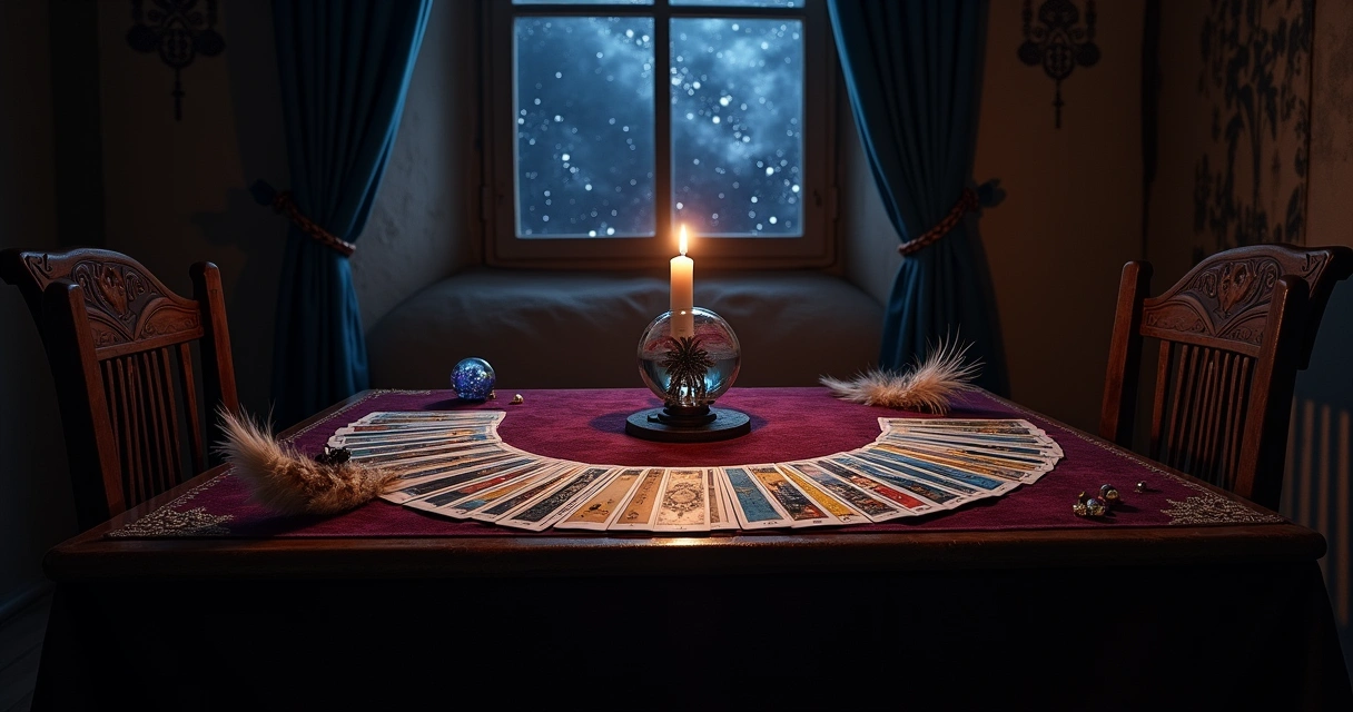 Cena de leitura de tarot em uma sala escura, com cartas, vela e cristal, ambiente místico.