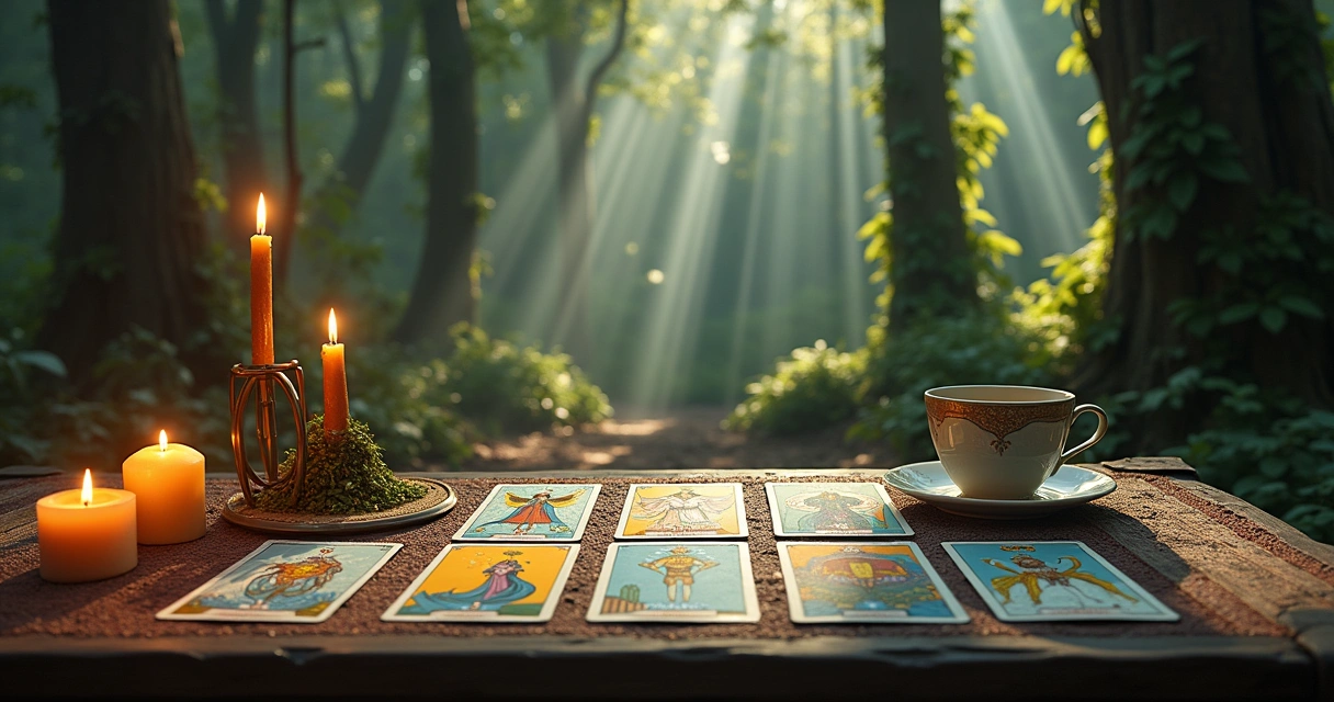 Cena mística de uma leitura de Tarô em um ambiente sereno com cartas, velas e uma floresta mágica.