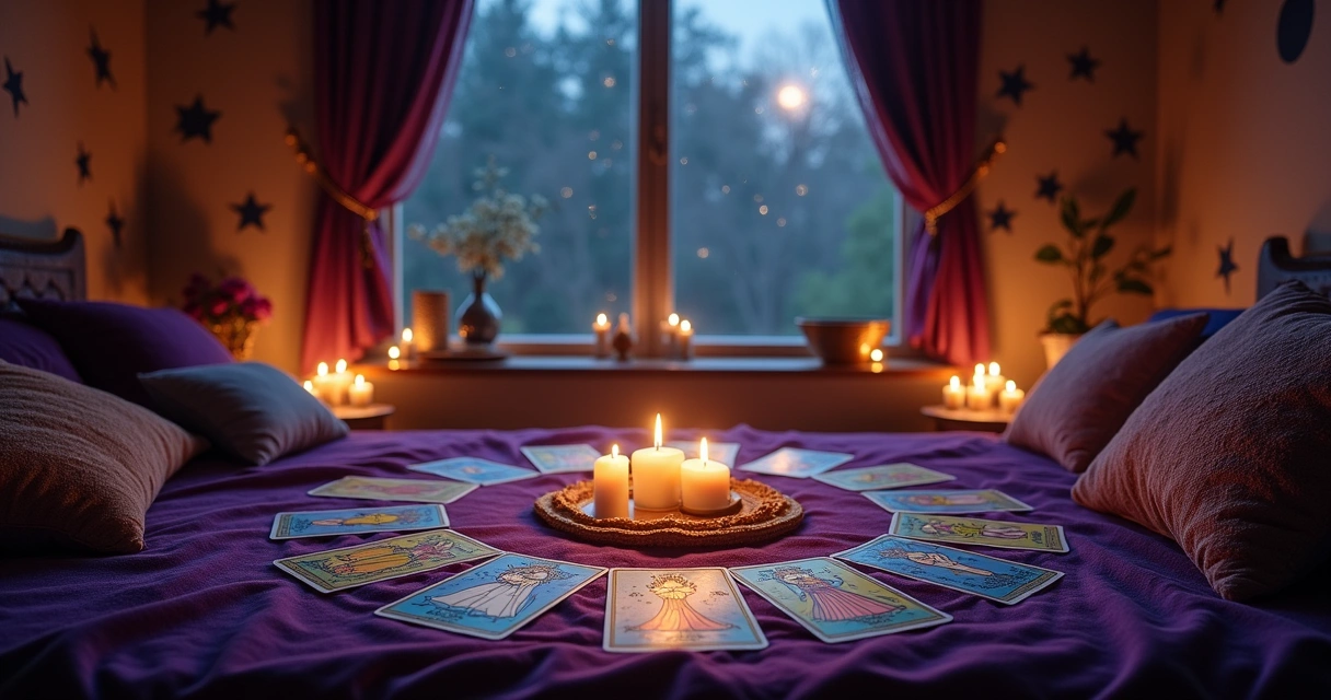Uma leitura mística de tarot em um ambiente acolhedor, com velas e cartas iluminadas.
