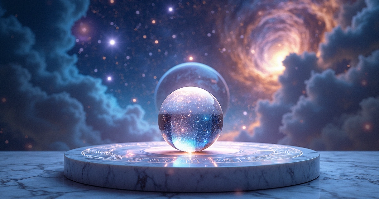 Uma paisagem cósmica mostrando galáxias, estrelas, uma orbe flutuante e símbolos de números e signos astrológicos.
