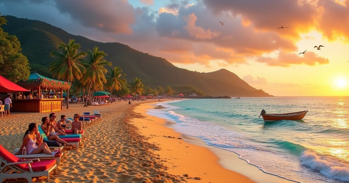 Pôr do sol na praia de Búzios, com cadeiras, guarda-sóis coloridos e um bar de praia vibrante.