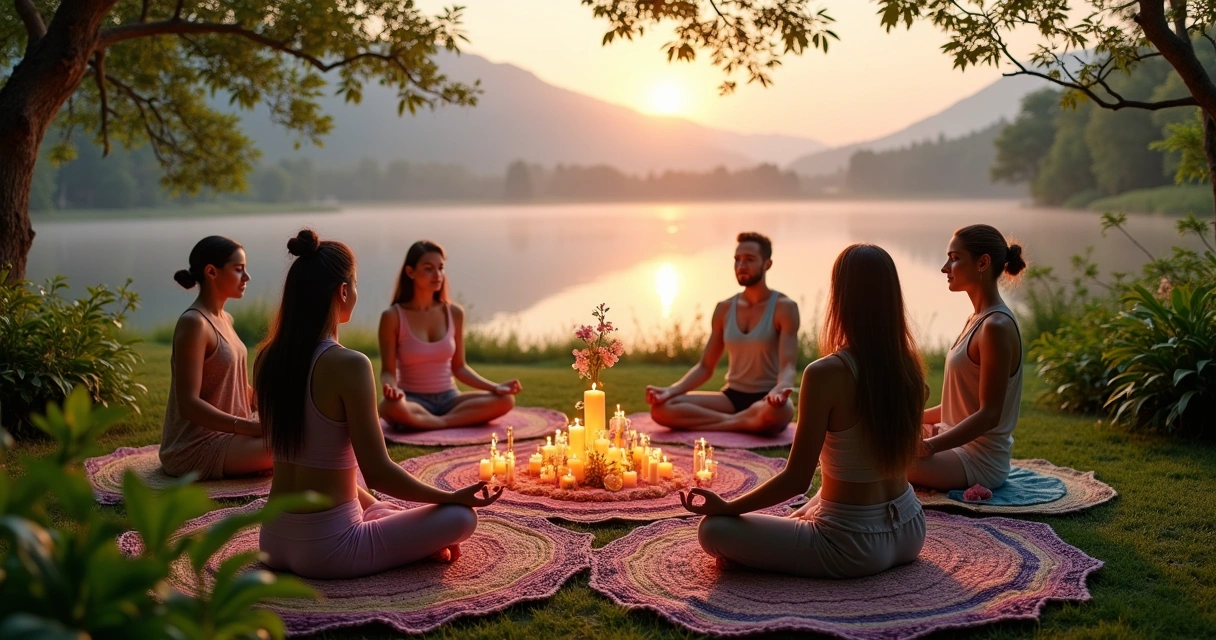 Grupo diverso meditando em um ritual ao amanhecer, com altar central e natureza ao fundo.