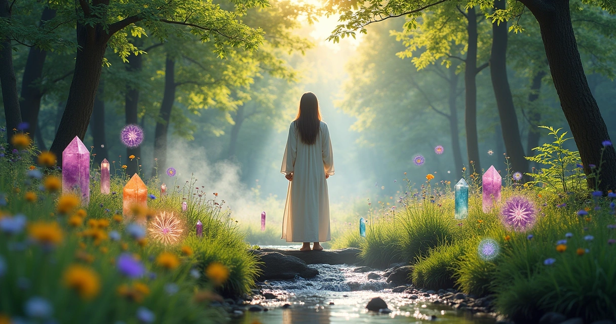 Ritual de limpeza energética em uma floresta tranquila com mulher em roupas brancas e cristais coloridos.