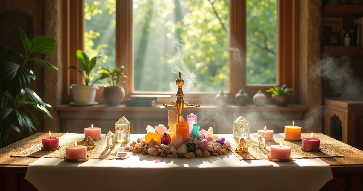 Ritual de limpeza energética com cristais, velas e incenso em um ambiente tranquilo.
