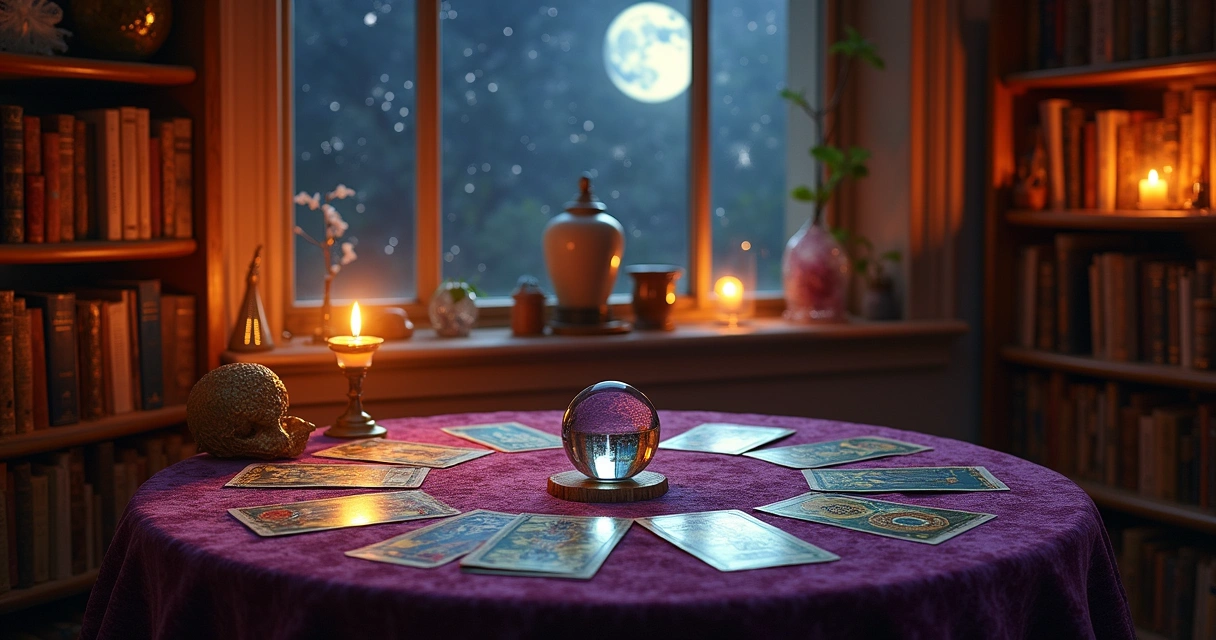 Uma sala de leitura de tarô acolhedora com cartas, velas e uma bola de cristal sob a luz suave da lua.