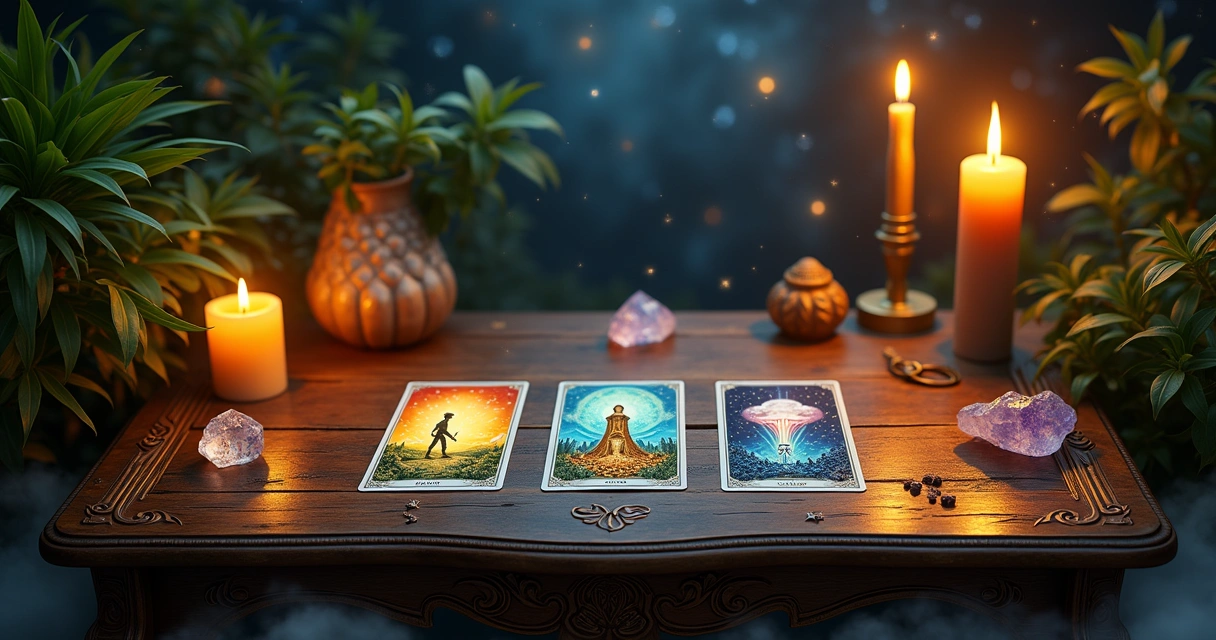 Disposição de cartas de Tarot em uma mesa de madeira com velas, plantas e cristais sob um céu estrelado.