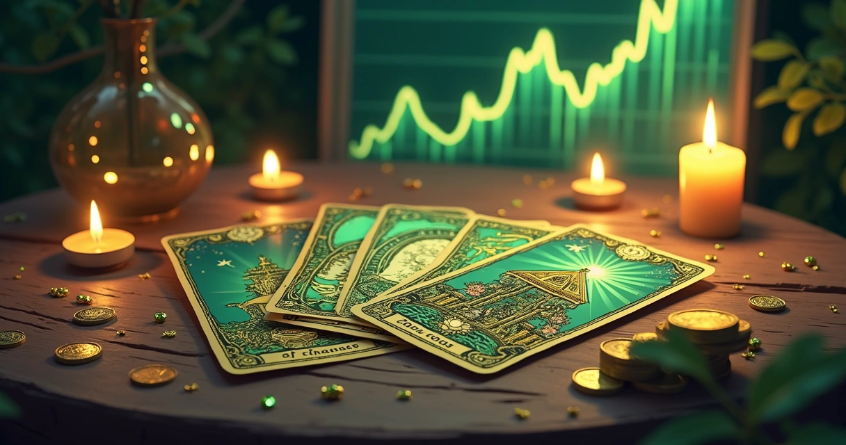 Ilustração de cartas de tarot sobre uma mesa de madeira com símbolos financeiros e luz suave