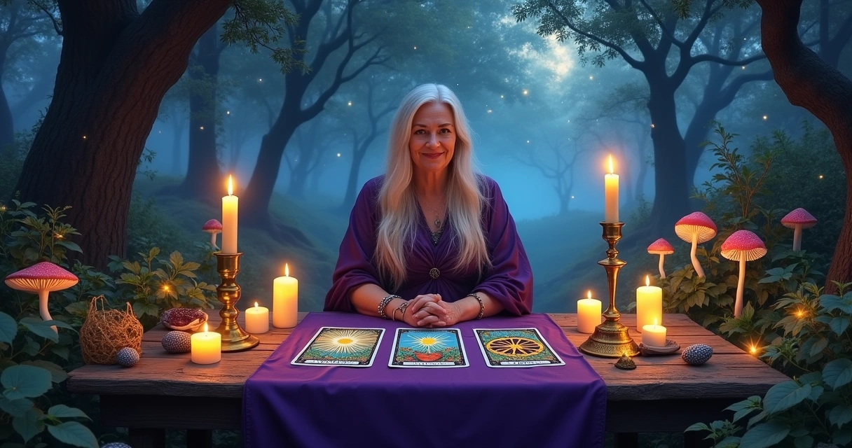 Tarot reader in a mystical forest, surrounded by candles and illuminated tarot cards, creating a magical atmosphere.