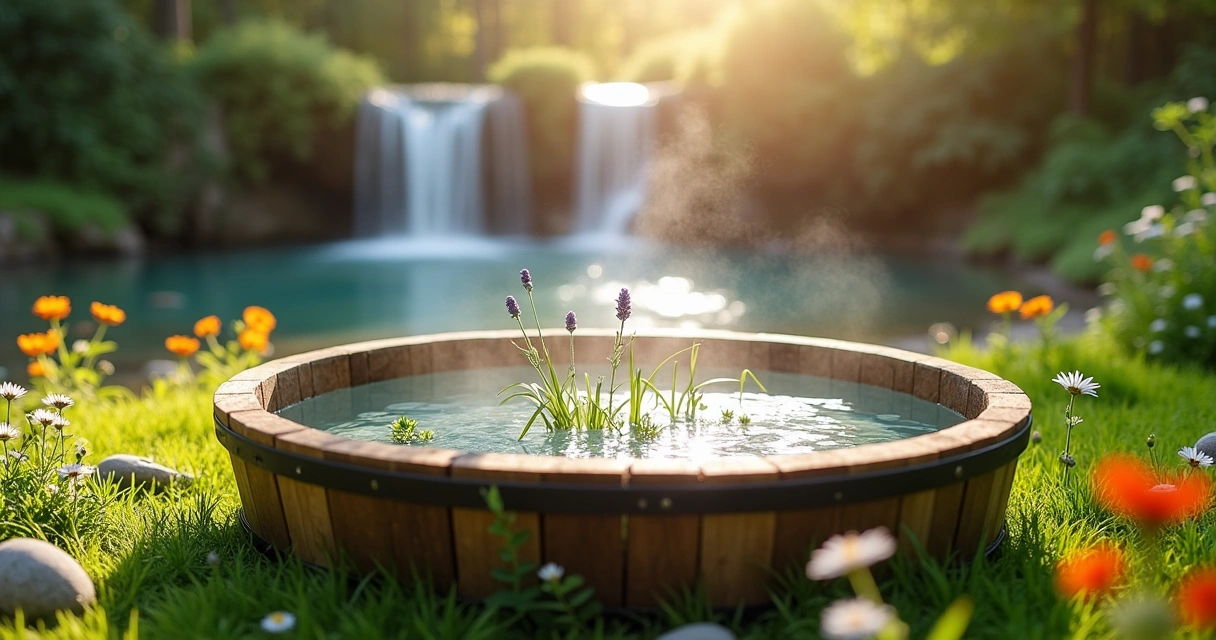 Banho energético em uma cena serena com banheira de madeira, ervas flutuantes e luz natural suave.