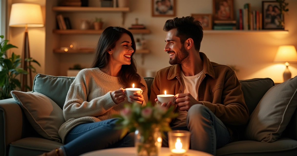 Casal iluminado em sala aconchegante, segurando as mãos e sorrindo com xícaras de chá.