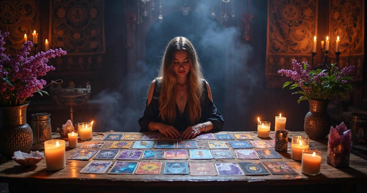 Ambiente de leitura de tarot com uma mulher e cartas em uma mesa iluminada por velas, com decorações místicas.