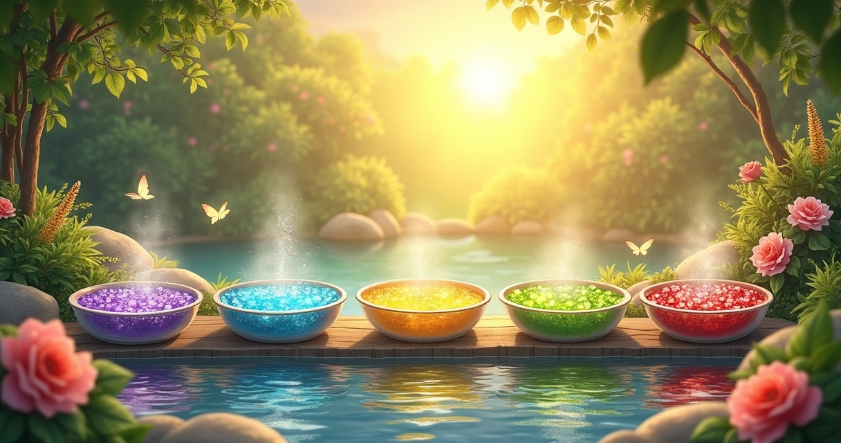 Ilustração de cinco banhos energéticos em um jardim ao amanhecer, com água vibrante e flores ao redor.
