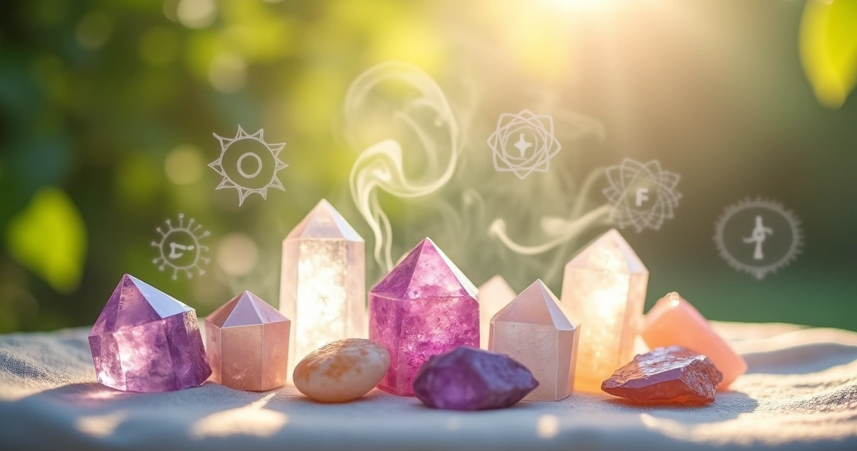 Variety of healing crystals arranged on linen cloth with soft sunlight and green garden in the background.