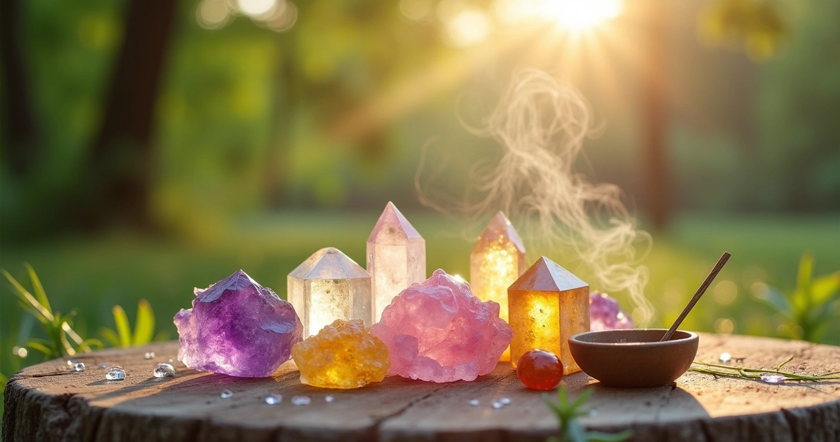Arranjo de cristais coloridos em um ambiente natural sereno ao amanhecer, transmitindo energia espiritual.