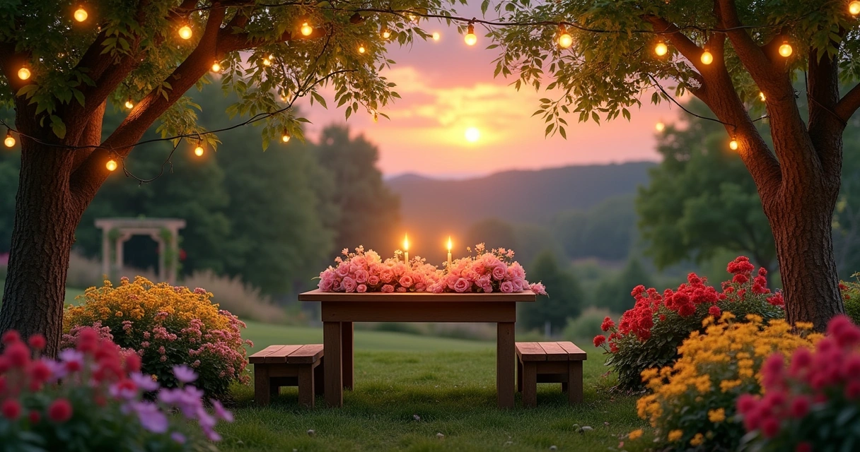 Um jardim sereno ao crepúsculo, com uma mesa de madeira decorada com flores e luzes penduradas.