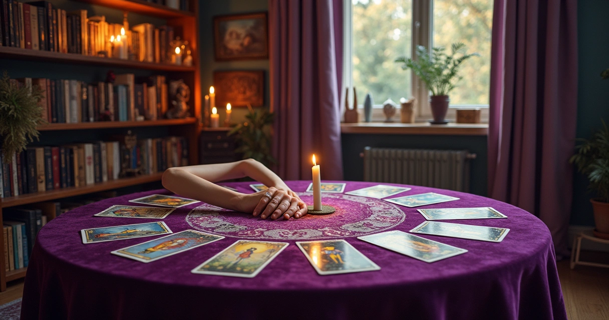 Leitura de tarô em uma sala aconchegante com cartas, velas e decoração mística.