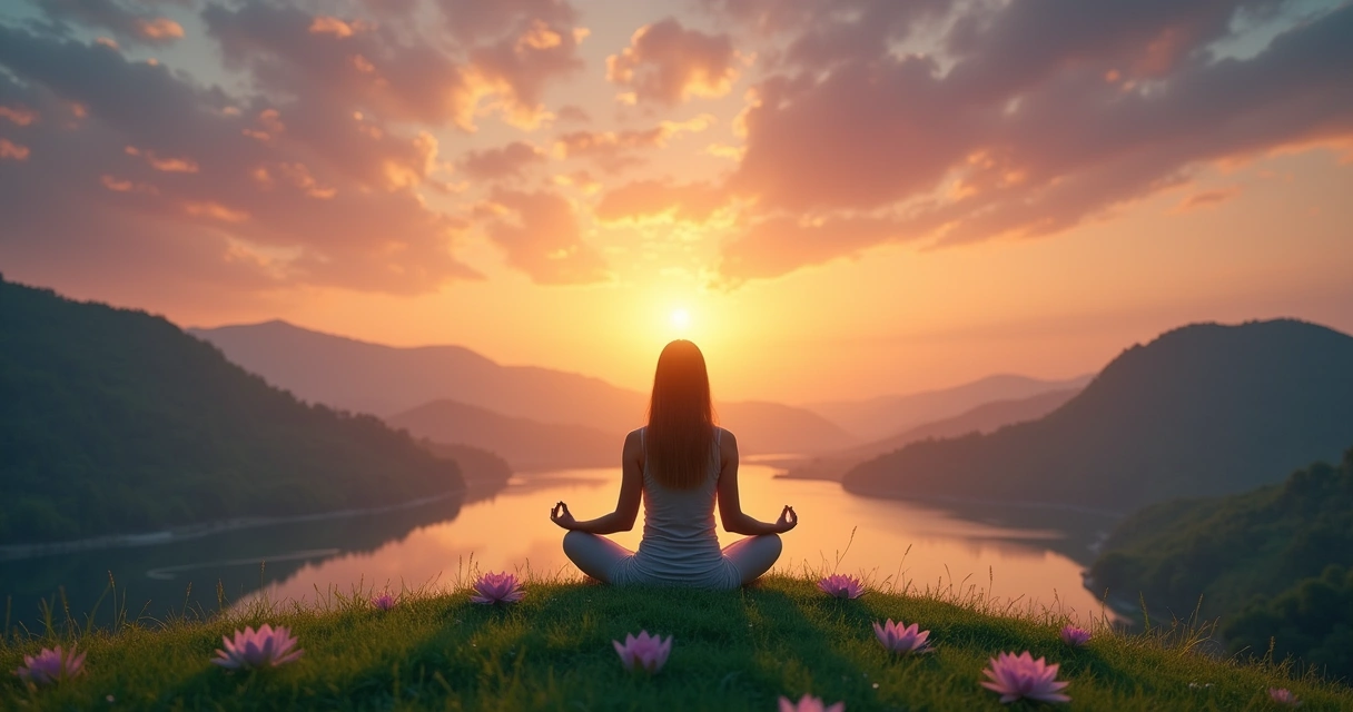 Uma pessoa meditando em um topo de colina verde durante o pôr do sol com flores de lótus e mandalas.