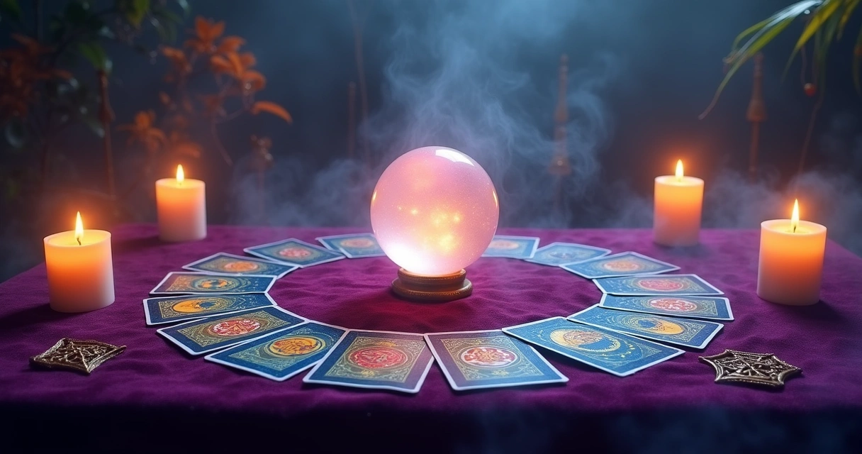 Uma mesa de tarot com cartas coloridas, cristal, velas e um fundo místico em tons de roxo e dourado.