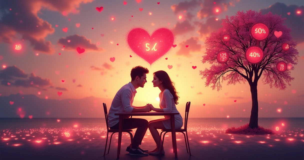 Casal em mesa romântica com gráficos e números flutuantes, simbolizando estatísticas de amor.