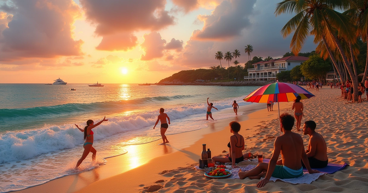 Praia de Búzios ao pôr do sol, com pessoas se divertindo na areia e visual encantador de casas à beira-mar.