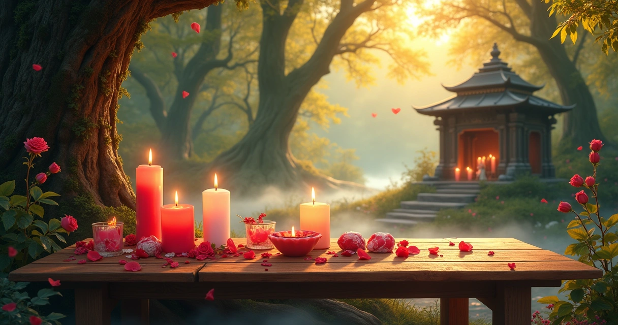 Ritual of love and happiness in a mystical forest with candles, rose petals, and a stone altar.