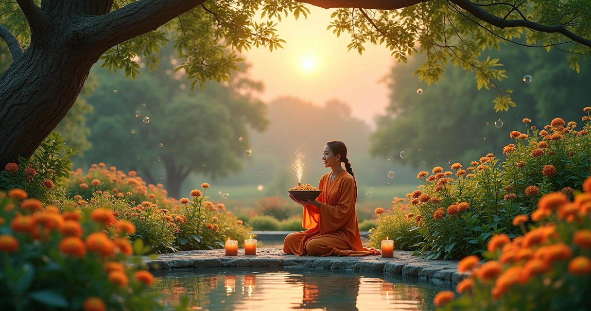 Uma cena serena de um ritual em um jardim, com uma pessoa em roupas vibrantes e flores coloridas.