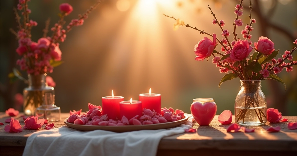 Ritual de simpatia para atrair amor com velas, flores e elementos naturais ao entardecer.