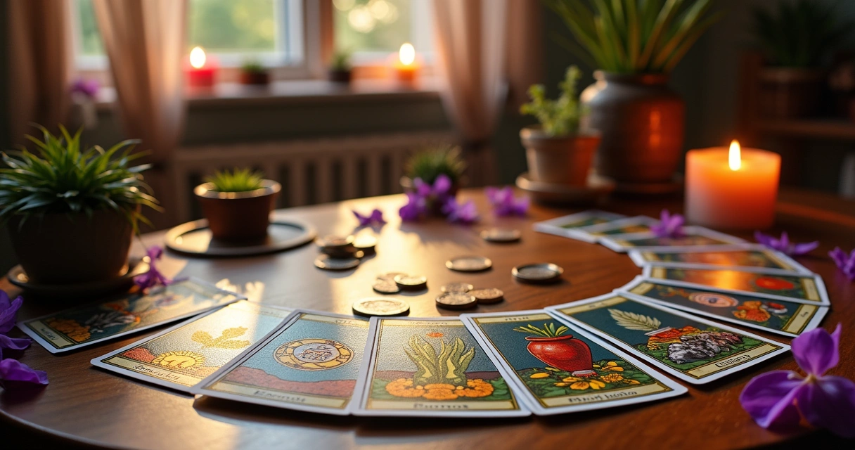 Tarot cards on a wooden table with financial symbols, candles, and warm lighting, depicting finance and spirituality.