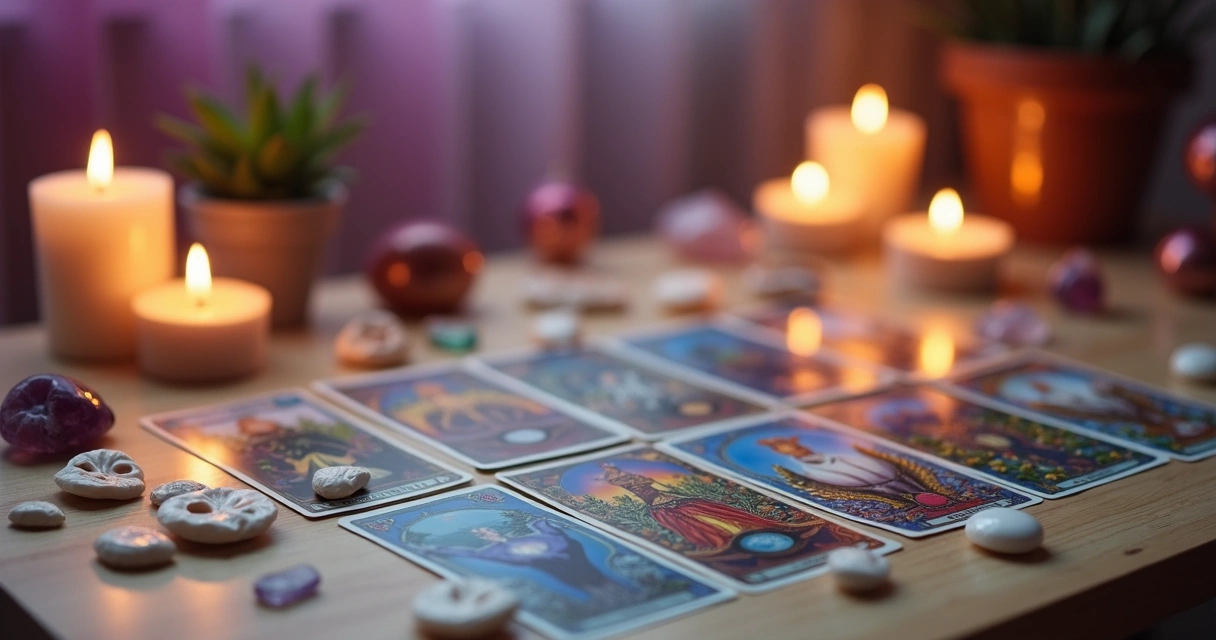 Cartas de tarot, oráculos e búzios dispostos sobre uma mesa de madeira clara com velas acesas e cristais ao redor