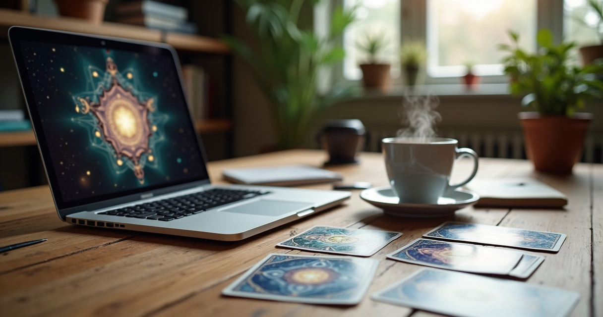Mesa com cartas de tarot abertas, notebook e xícara de café em ambiente de trabalho moderno
