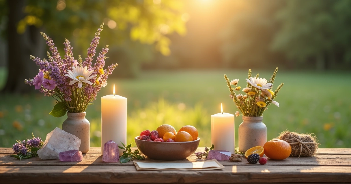 Mesa de madeira com elementos naturais para ritual de gratidão, velas acesas, cristais, flores, frutas e ervas dispostas cuidadosamente