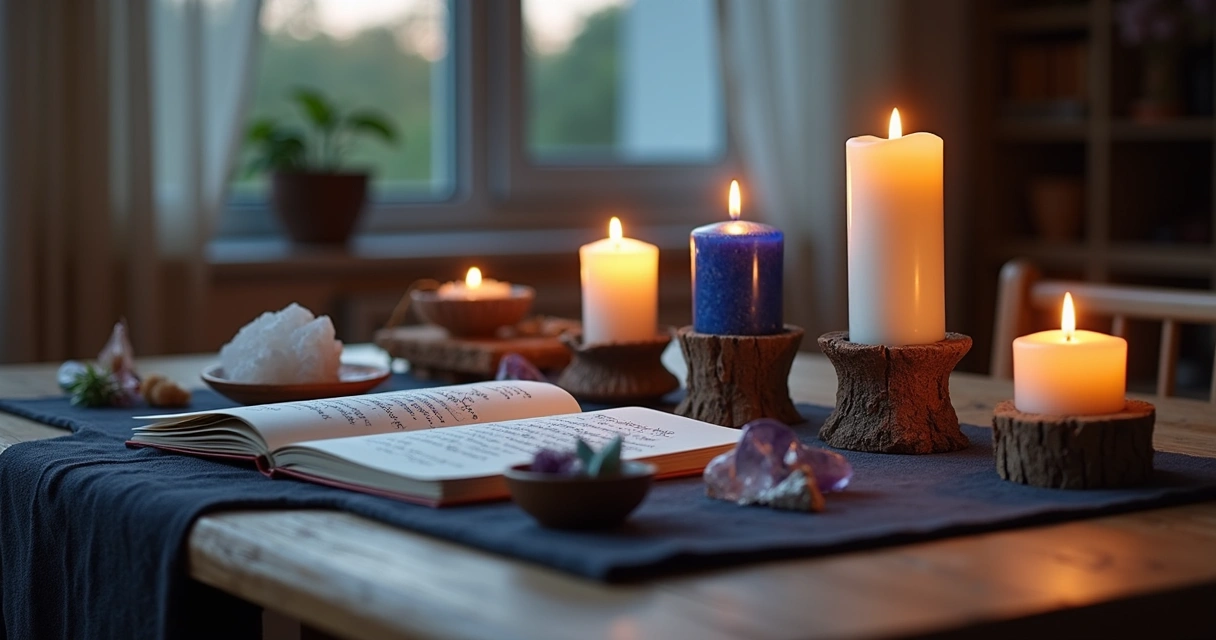 Mesa preparada com velas acesas, cristais e elementos naturais para ritual de lua nova em casa