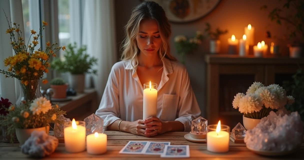 Mulher segurando vela em altar com cristais, flores e símbolos esotéricos para autoestima e prosperidade