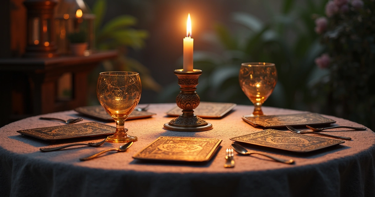 Mesa com Oráculo de Tarot, Baralho Cigano e Runas dispostos lado a lado, com luz suave e ambiente místico